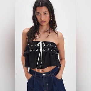 New Free People Black Cream Tailia Embroidered Tube Top Shirt Blouse XS